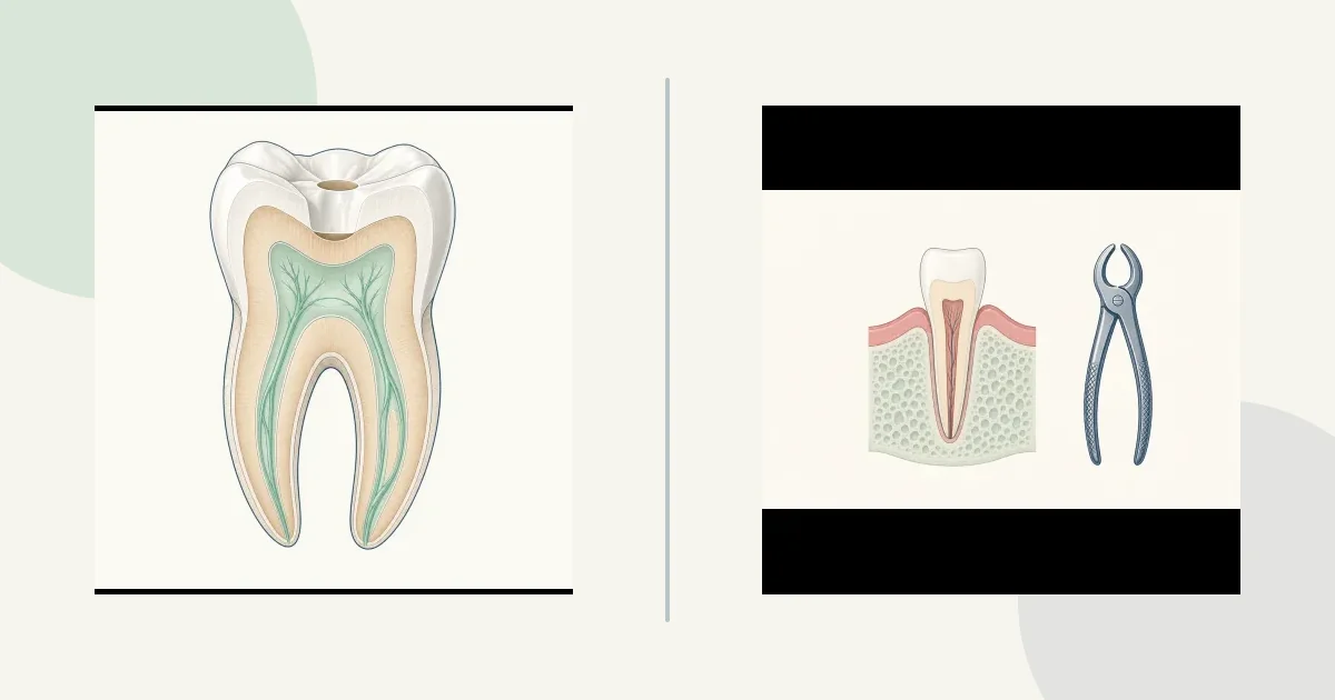 رسم مقارنة تعليمي: Save vs remove an infected tooth