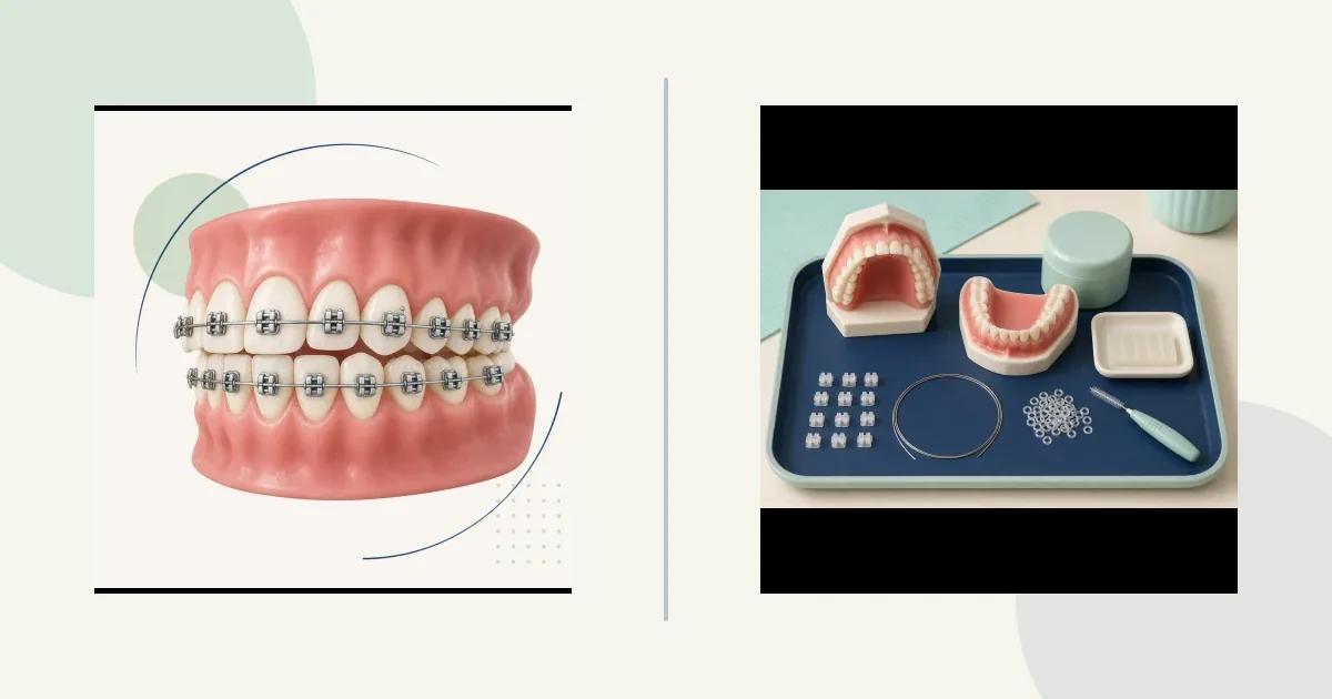 رسم مقارنة تعليمي: Aesthetic fixed appliance (ceramic vs metal phrasing on-page)