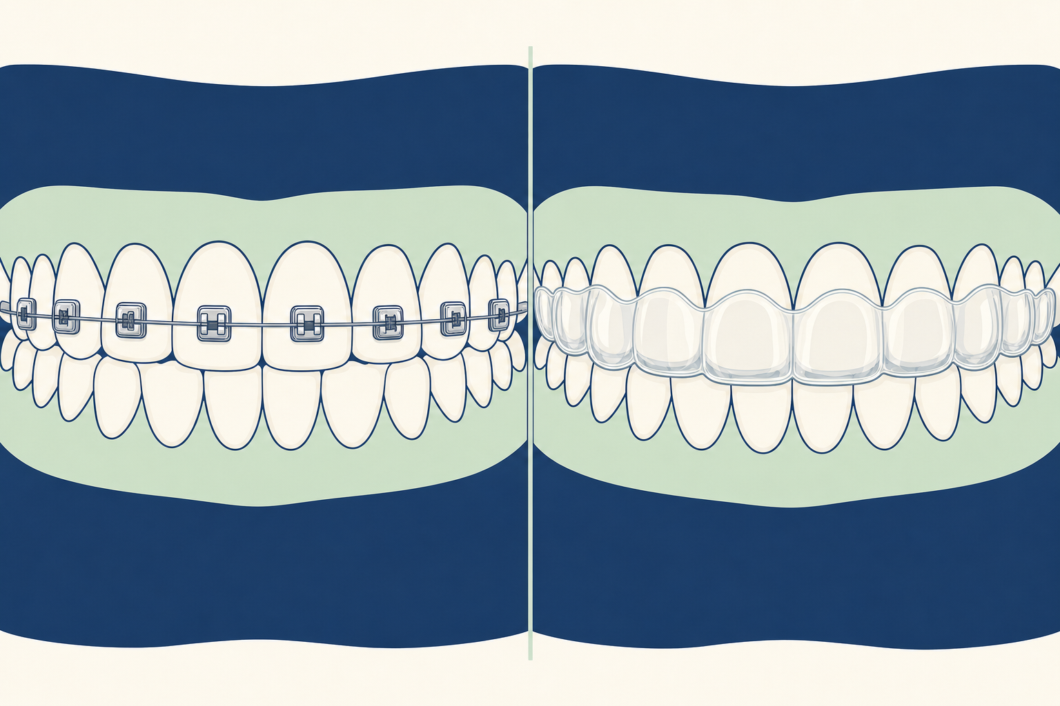 Illustration comparing fixed metal braces with clear aligners