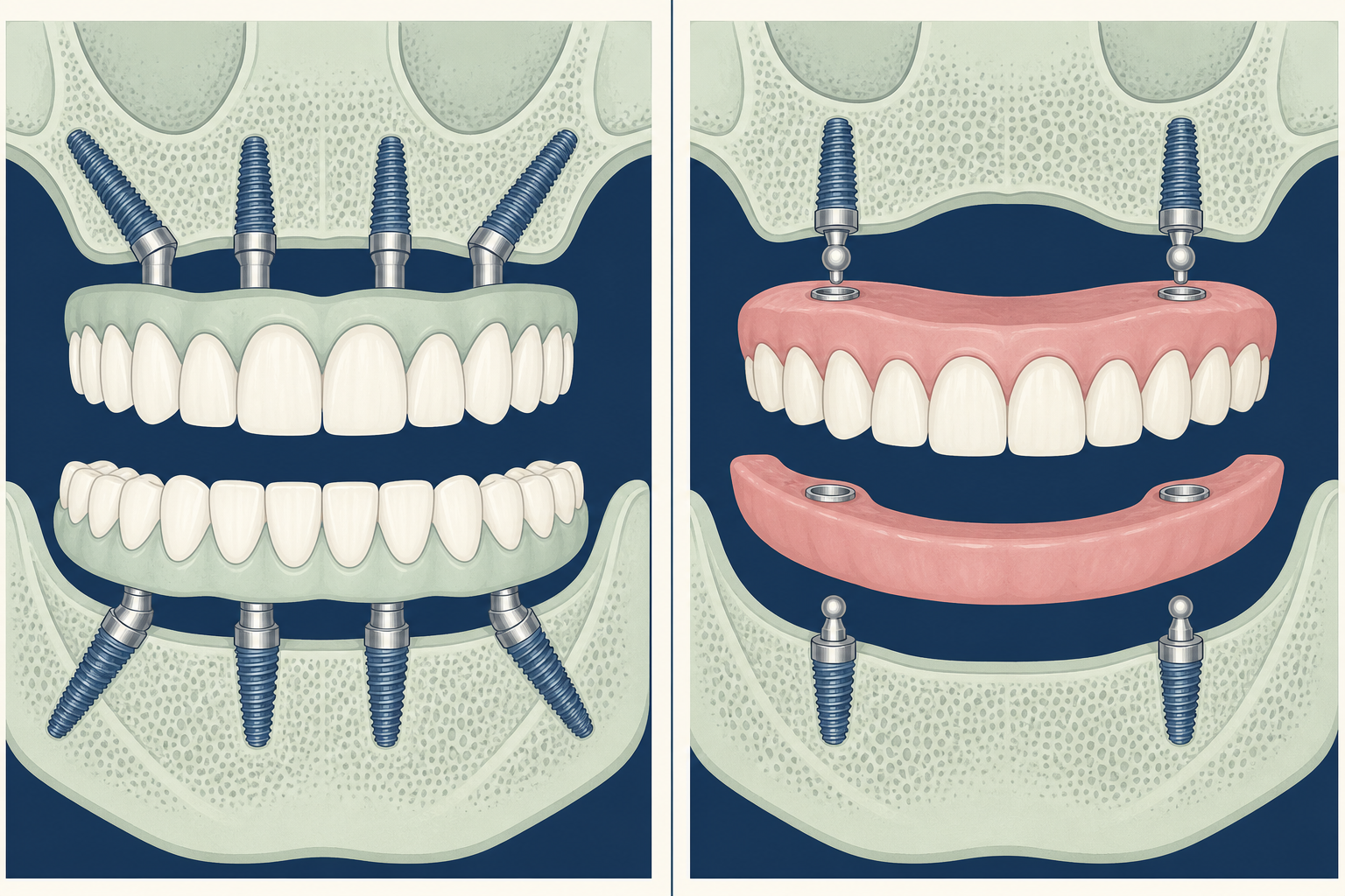 Illustrative diagram: all on 4 vs dental implants vs dentures