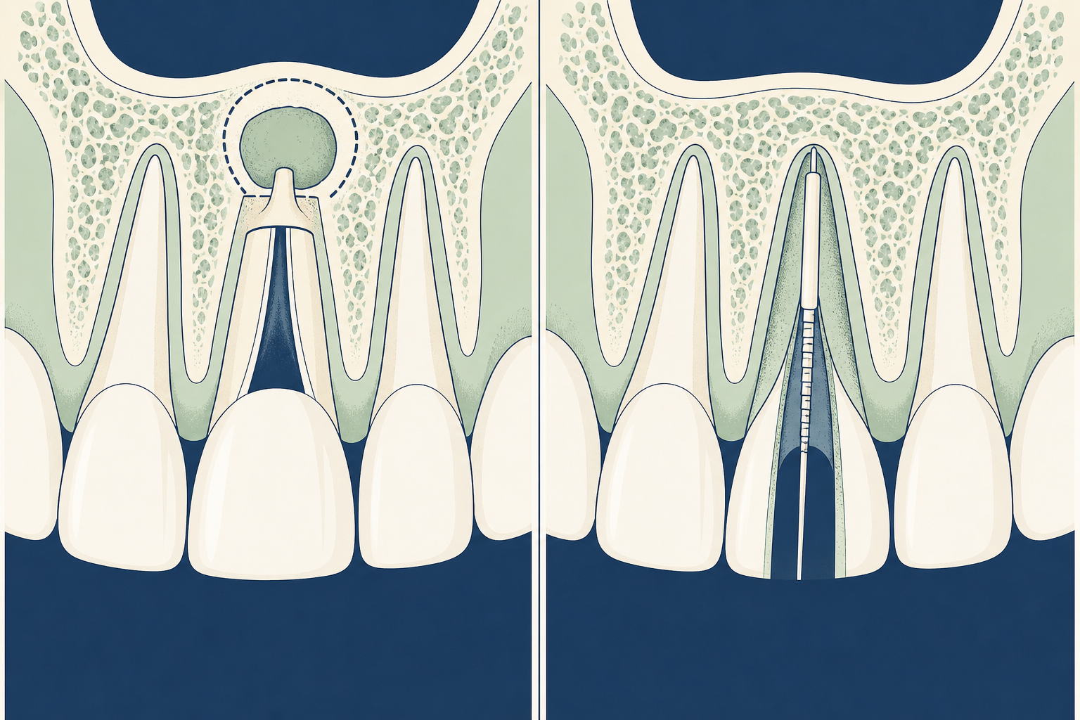 Illustrative diagram: apicoectomy vs root canal retreatment