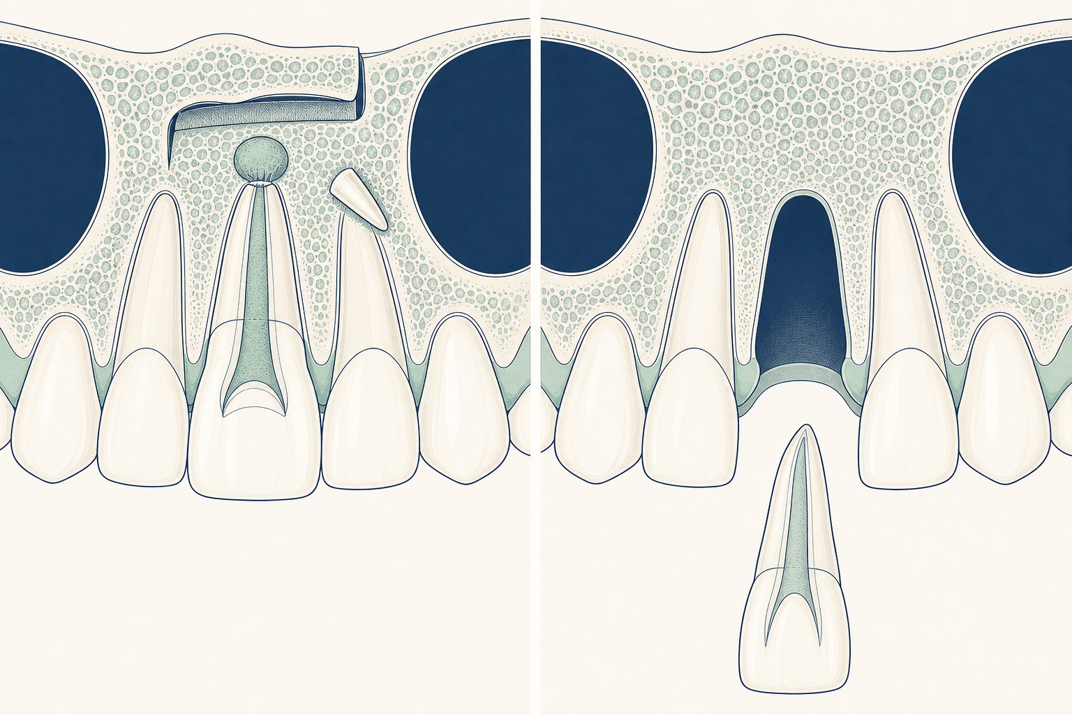 Illustrative diagram: apicoectomy vs tooth extraction