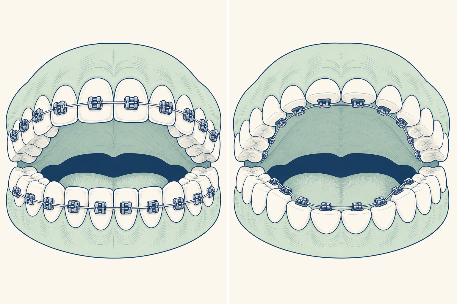 Illustrative diagram: braces vs lingual braces