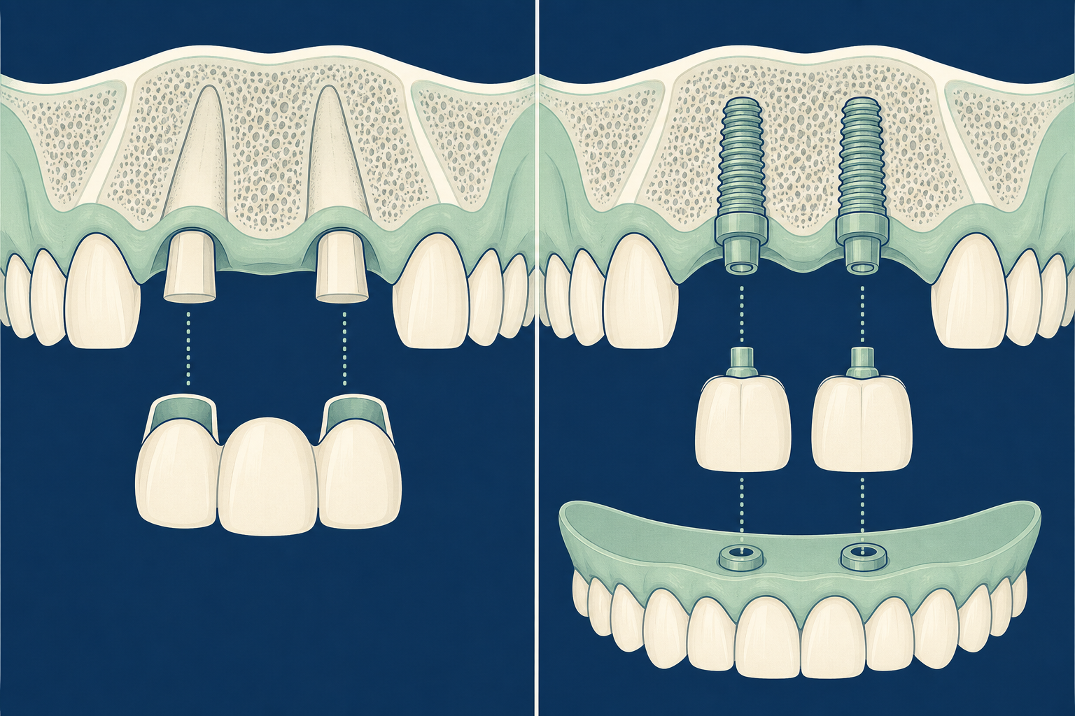 Illustrative diagram: bridges vs dental implants vs dentures