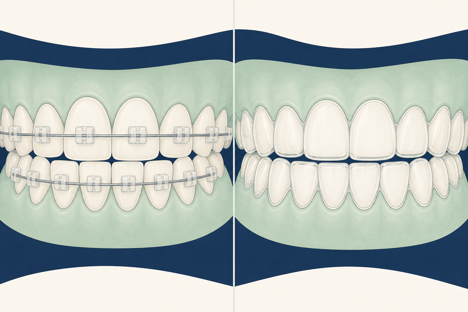 Illustrative diagram: ceramic braces vs invisalign