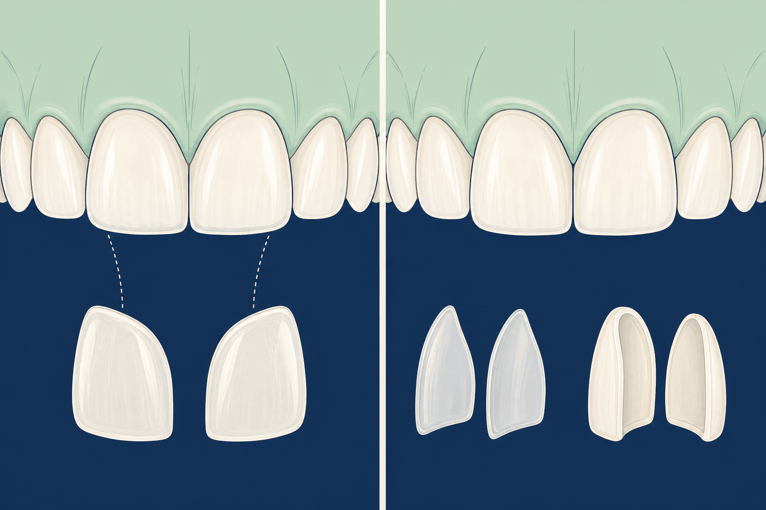 Illustrative diagram: composite veneers vs lumineers vs porcelain veneers
