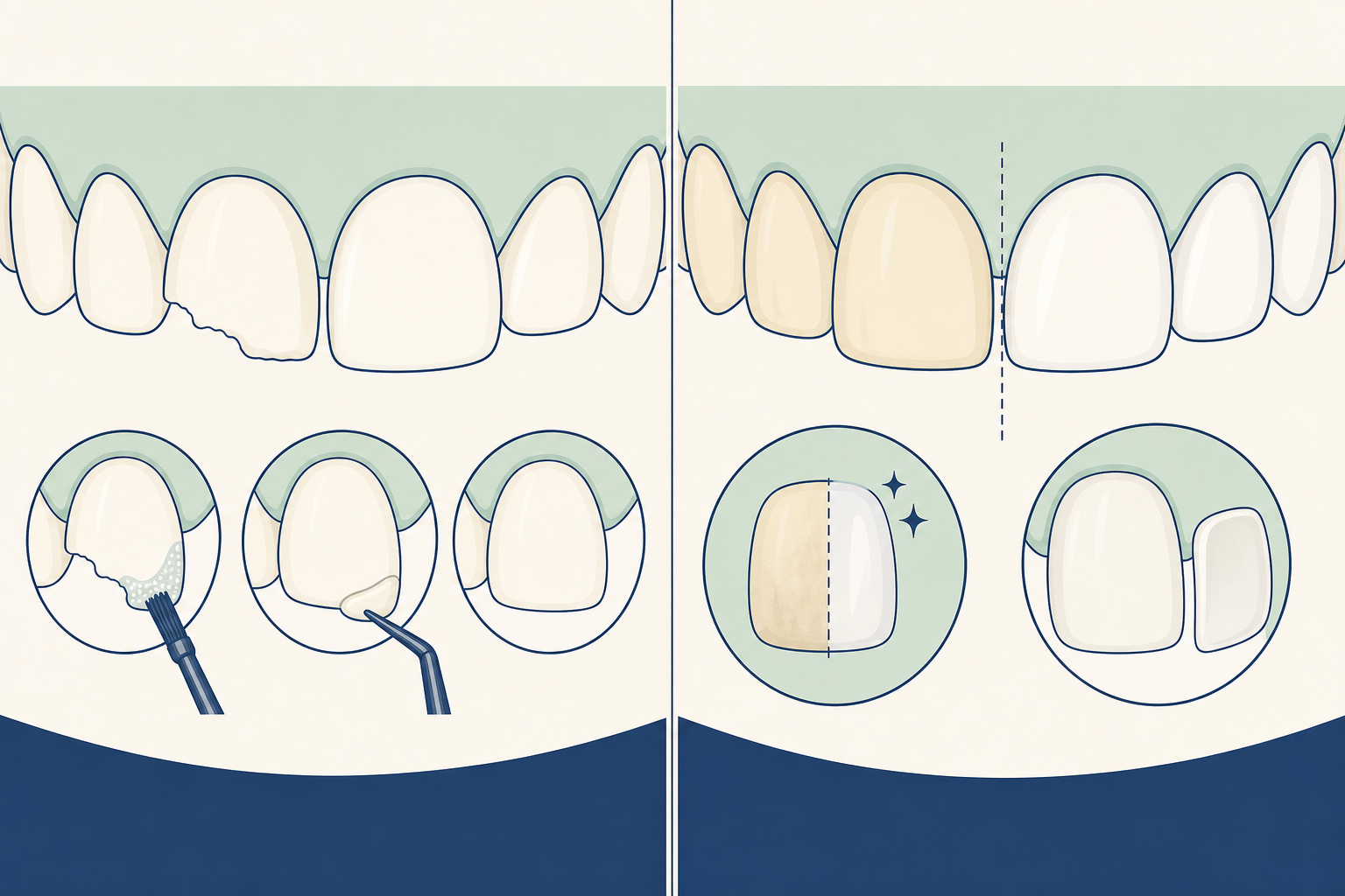 Illustrative diagram: dental bonding vs teeth whitening vs veneers