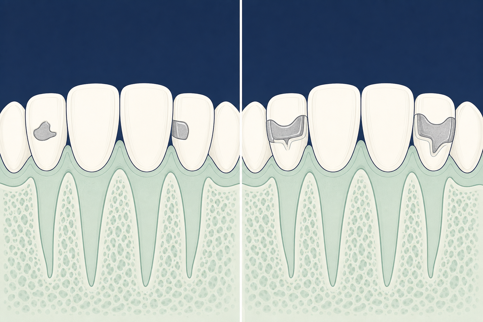 Illustrative diagram: dental fillings vs inlays onlays