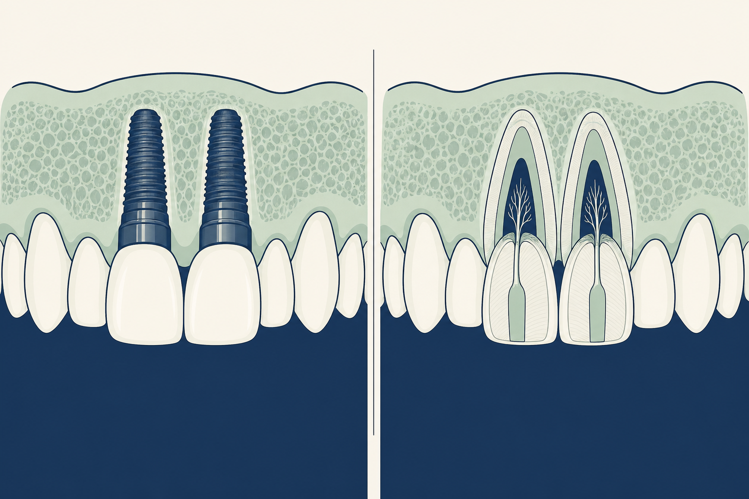 Illustrative diagram: dental implants vs root canal