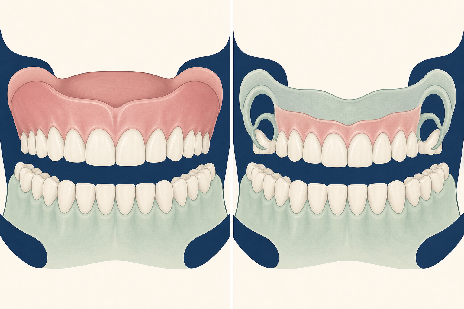 Illustrative diagram: dentures vs flexible dentures