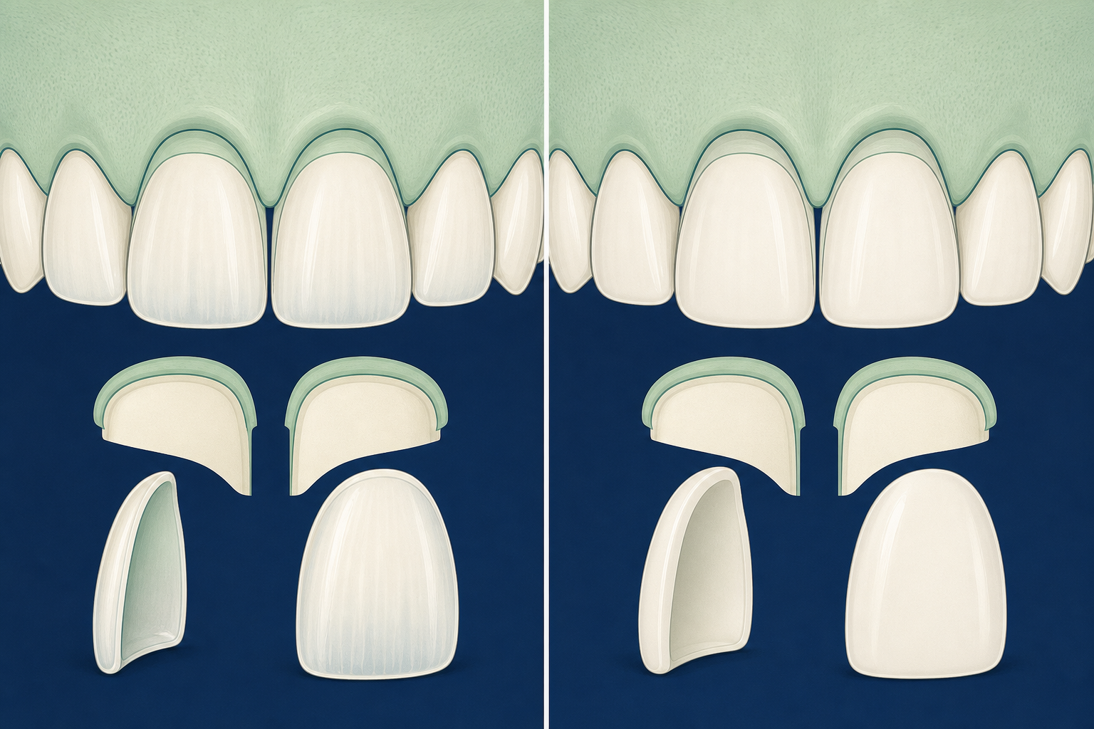 Illustrative diagram: emax veneers vs zirconia veneers
