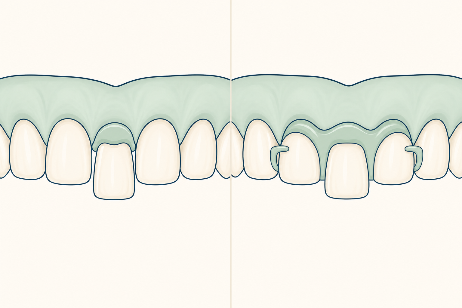 Illustrative diagram: flipper tooth vs partial dentures