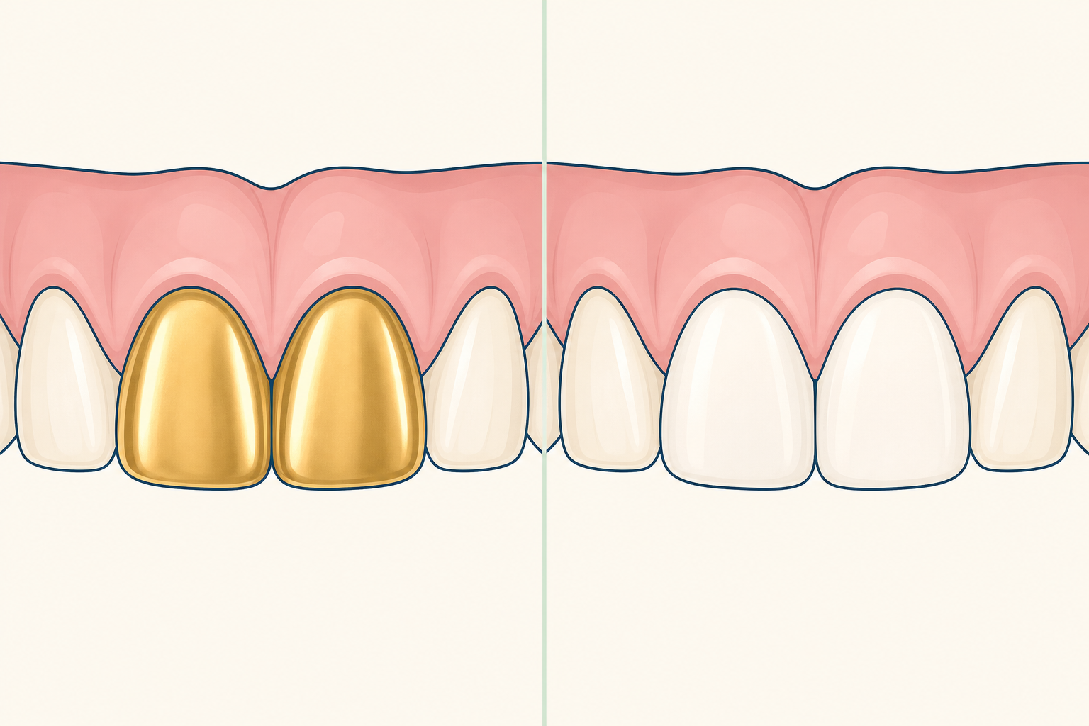 Illustrative diagram: gold crowns vs zirconia crowns