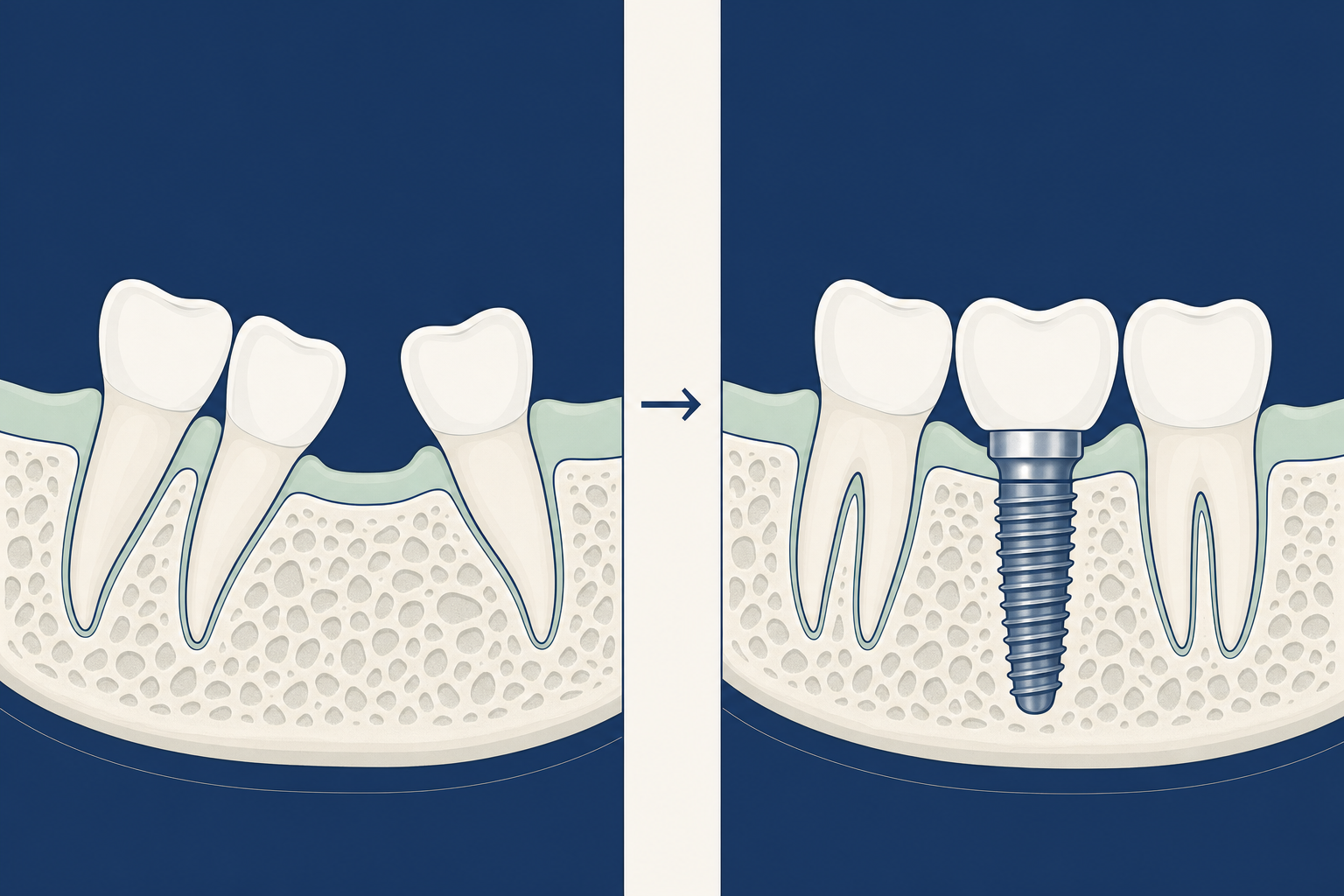 Cross-section illustration of a missing tooth site before and after a dental implant