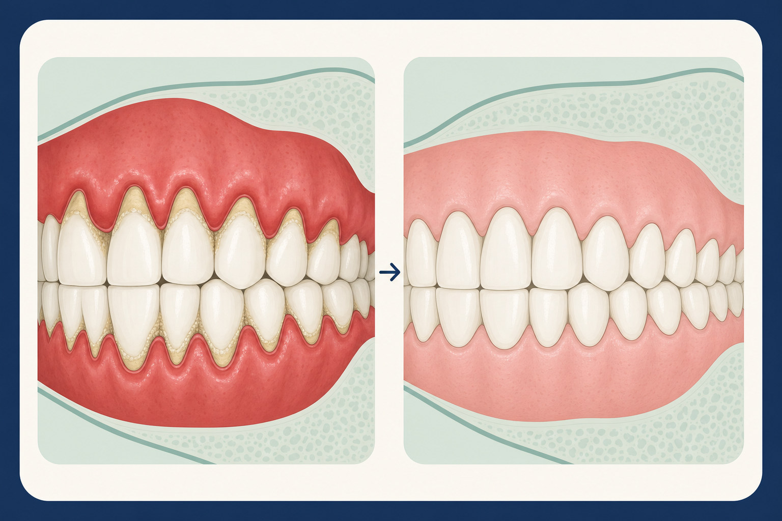 Illustration comparing inflamed gums with healthy gums after treatment
